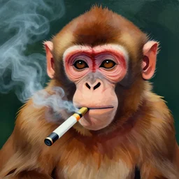 * * a portrait of a cool monkey with brown fur smoking an e cigarette. close up. matte painting, hard edges, bold shapes. by jaime jones.