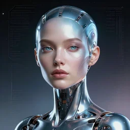 retrofuturistic portrait of a cyborg woman, reflective gradient, space graphics art in background, close up, quint buchholz, wlop, dan mumford, artgerm, liam brazier, peter mohrbacher, raw, featured on artstation, octane render, cinematic, elegant, intricate, 8 k
