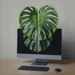 abstract monstera plant growing out of my computer, muted colors, highly detailed surrealist painting, by michael divine by yvonne mcgillivray by michael divine by mandy jurgens by michael divine, moody color palette, very very very beautiful,