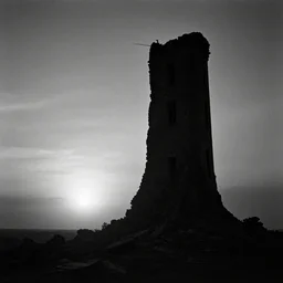 a sun setting over a ruined tower. dark fantasy, film noir, black and white. high contrast, stephen gammell, d & d, osr
