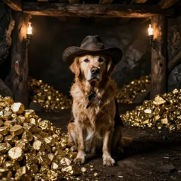 a dirty golden retriever in a dark mine with large piles of gold nuggets and wearing a wild west hat and jacket, dim moody lighting, wooden supports, wall torches, cinematic style photograph