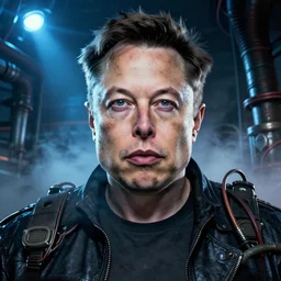 2 8 mm closeup portrait of elon musk top fragging in his live action video game, pipes, wires, dramatic lighting, octane, blue lights, lens flare, industrial, dirty, trending on artstation, golden ratio, h. r. giger, mist, action, volumetric lighting