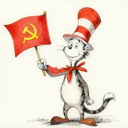 the cat in the hat holding a communist flag, hammer and sickle, detailed, watercolor, in the style of dr. seuss, dr. seuss, zany