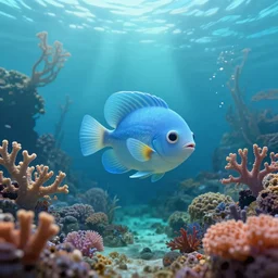 an extremely cute alien fish swimming an alien habitable underwater planet, coral reefs, dream - like atmosphere, water, plants, peaceful, serenity, calm ocean, tansparent water, reefs, fish, coral, inner peace, awareness, silence, nature, evolution, by greg rutkowski, art by jamie hewlett and z. w. gu, masterpiece, trending on artstation, 8 k