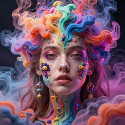 a beautiful girl engulfed in colorful liquid smoke and neon clouds, a colorful psychedelic experience, dmt, lsd, face, highly detailed, artstation, concept art, psilocybin, sharp focus, illustration, digital art by hana yata, and artem demura and beeple, lisa frank, shannon maer octane render, unreal engine, 8 k