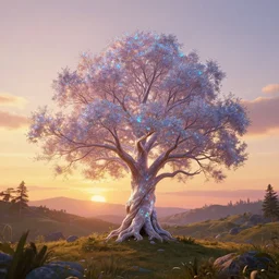 an enchanted shimmering iridescent tree in the middle of a stunning fantasy landscape during sunset, golden hour, by daniel conway, greg rutkowski and andreas rocha, highly detailed, soft illumination, fantasy, concept art, trending on artstation, sharp focus, beautiful digital art