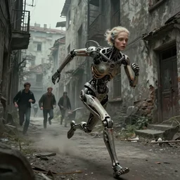 sadie sink quickly runs by us | a mechanical monstrosity runs towards us | background : alleyway near decaying tenements. concept art for scifi dystopian film. by nikolay makovsky, bob byerley, wadim kashin, andrea kowch. cinematic moody atmosphere, detailed and intricate, perfect anatomy