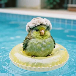 a fat kiwi bird with a wooly hat sitting in a float in a pool, 35mm photograph