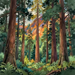 Sequoia forest in a colorful moutain with beautiful trees , no people, morning, by studio ghibli painting, superior quality, masterpiece,  traditional Japanese colors, by Grzegorz Rutkowski, concept art