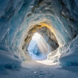 an 8K photograph of a cave. the cave is made of ice. the entrance to the cave is in the middle of the photograph. Light rays from the sun hitting the entrance, lighting up the cave. Beautiful colors and shapes. Vray, Octane Render, photorealistic.