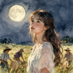 concept art of a farmers in a field, young woman, artstation trending, watercolor, full moon