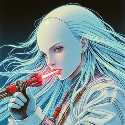 a close - up grainy, risograph photo, hyper light drifter, a big porcelain glossy eva 0 0 1 - like head, with long hair, floating above the sharp peaks weapons, style by moebius and kim jung gi
