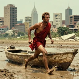 movie still of a man in red drapery in a small flesh boat next to a non - euclidian antic city, eastmancolor, heavy grain, high quality, high detail, run, mud