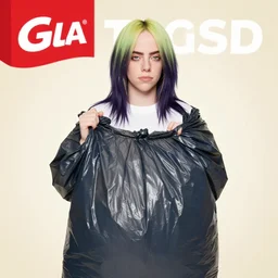 Glad Trash Bag advertisement with Billie Eilish actually wearing a trash bag, while advertising trash bags