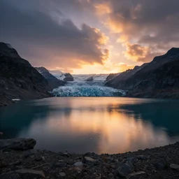 a pond photography by marc adamus, glacial lake, sunset, dramatic lighting, mountains, clouds, beautiful'gives instant pleasant looking photography - like images