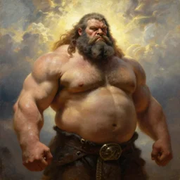 oversized alf as muscular barbarian , strong sun backlight sunrays  body , extreme very textured detailed portrait oil painting by rembrandt,   dramatic clouds and  atmosphere