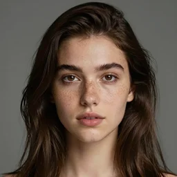 character portrait of a young woman with dark brown hair and freckles