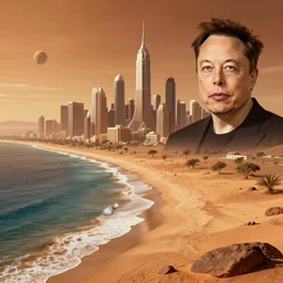 a future big city on mars with beautiful beaches inspired by elon musk