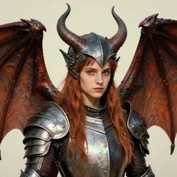 head and shoulders portrait of an armored erinyes devil with huge bat wings, portrayed by young robin wright, d & d, fantasy, luis royo, magali villeneuve, donato giancola, wlop, krenz cushart, hans zatka, klimt, alphonse mucha