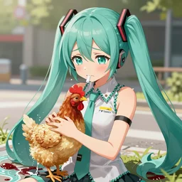hatsune miku eats a small chicken and cries, street, water, light effect, anime style hyper detailed, illustration, bloody, intricate, elegant, digital painting, artstation, smooth, sharp focus, art by artgerm and greg rutkowski and alphonse mucha.