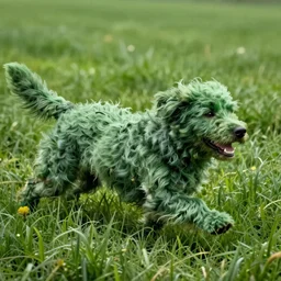 the green - furred grass - dog labrador hybrids charge into the fray, bounding through the lush green sea of deep grass, shaggy green fur blowing in the wind, scifi pulp, matte painting, concept art, book cover, frank frazetta, syd mead, boris vallejo, movie poster, 7 0 s scifi, cinematic still, 4 k hd