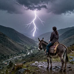 woman on a donkey gazing at a lightning bolt in the distance in a valley, heavy rain approaching, John Harris, crisp lighting, breathtaking detail