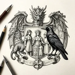 a dragon crow, centered on family crest, coat of arms, pencil and ink, very detailed, artstation, mysterious, mythical, greek mythology, norse mythology, full frame, dramatic shading, jonathan pointer, janie penny,