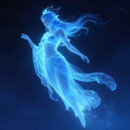 a giant beautiful glowing blue goddess drifting in the night sky