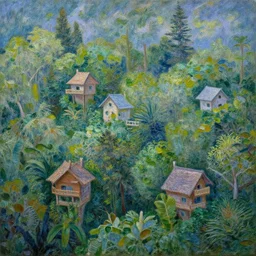 treetop houses in a jungle, matte painting, trending on artstation, style of Monet,