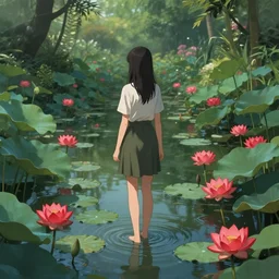 a girl standing inside a botanical garden filled with water and red lotus by Anna Dittmannand, digital art. surreal. trending on artstation. anime arts. featured on Pixiv, HD, 8K, highly detailed, good lighting. beautiful. epic.