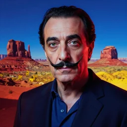 ultra realistic portrait of cem yilmaz in a studio, ultra detailed, under blue, red and yellow cinematic lighting, salvador dali, cartoon, monument valley, escher