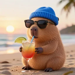 a photorealistic photograph of a knitted cute Capybara dressed in sunglasses and a blue beanie cap. The subject is drinking a refreshing Mai Tai at the beach during sunset. The image is Trending on Artstation, featured on Behance, well-rendered, fine detail, extra crisp image, Unreal Engine, 4K HD