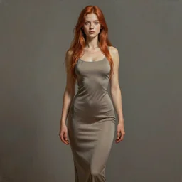 ultra realist soft painting of a single beautiful female in a full long curvy slim dress, thin long auburn hair, very intricate details, volumetric lighting, symmetry accurate anatomy features, 1970 environment, unreal render