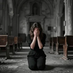 a woman on her knees with her face in her hands in the middle of a dilapidated church, charcoal background, photo realistic woman