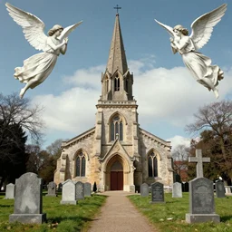 church, graveyard, angels, surrealistic collage art