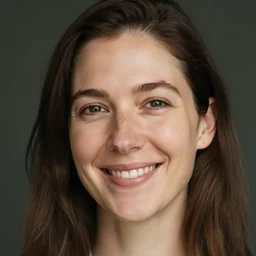 a portrait of a smiling, comfortable woman, her skin texture natural, detailed, by rosie matheson, by olivia bee
