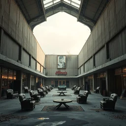 the exterior of an abandoned a shopping center with furniture and everything in deterioration, style artstation, style greg rutkowsk, comic art book,, octane render, unreal engine 6, epic game graphics, fantasy, post - apocaliptic, ray tracing
