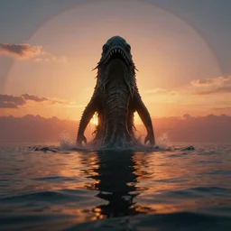 movie frame still from live action lovecraftian sea monster emerging to the surface in the sunset, 8 k, ultra wide angle, symmetric, pincushion lens effect, trending on artstation, zenith view, greg rutkowski, kim jung gi
