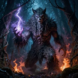 hyperdetailed art nouveau portrait of treebeard as a werewolf, by whelan, bisley, fabry and sienkiewicz, witchcraft, glow of magic powers, eldritch energy, lightning, fire, sparkling mystic bolts, photorealism, night in the forest, thorns, vines, terror, wild, crazy, scary, horror