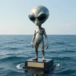 a long shot of a giant award winning sculpture of an alien wearing futuristic sunglasses on the surface of the ocean, in the style of chad knight, hyper detailed, hyper realistic, ray tracing, 8 k resolution, sharp focus, realistic water