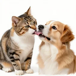 cat and dog licking each other, cute drawing, concept art, trending on Artstation, realistic, very beautiful fur