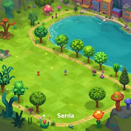 2.5D third person view, in a park and next to a lake, in a small town on an alien planet, with strange alien plants and flowers, from a space themed Serria point and click 2D graphic adventure game, made in 2019, high quality graphics