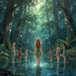 forest nymph rising from the water. view from behind, wide angle view, back view. nuri iyem, james gurney, james jean, greg rutkowski, anato finnstark, emma watson, taylor swift. trending on artstation, starlight, and enchanted dreams