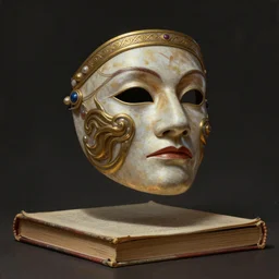 Magic Floating Theater Mask hovering over a book, no body, Ivan Aivakovsky, Boris Vallejo, epic fantasy character art, D&D Concept Art, full length, Realistic, Regal, Refined, Detailed Digital Art, Oil Paining, Exquisite detail, post-processing, masterpiece, Cinematic Lighting, Unreal Engine, 8k, HD, Stanley Artgerm Lau, WLOP, Rossdraws, Frank Frazetta, Andrei Riabovitchev, Marc Simonetti, trending on artstation