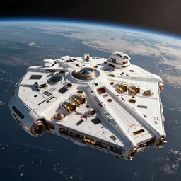 Solarpunk Millenium Falcon, Star Wars, futuristic utopia, scifi, golden engines, white space ship, distant planet, full ship visible, fine details, atmosphere, perfect, 8k highly detailed, sharp focus, trending on artstation