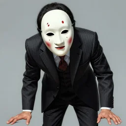 a full shot of businessman wearing a creepy noh mask and pinstripe suit looming, character concept art by tim bradstreet