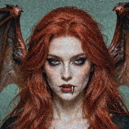 detailed portrait woman’s face red hair fangs gargoyle wings