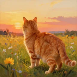 a painting of an ultra realistic highly detailed orange cat standing in a field of flowers watching the sunset by craig mullins, golden hour, trending on artstation, color field, concept art, artstation hd, matte drawing
