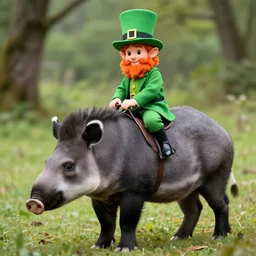 A photograph of a leprechaun riding on top of a tapir. Award winning photography.