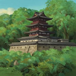 japanese fortress in a city inside the forest by studio ghibli painting
